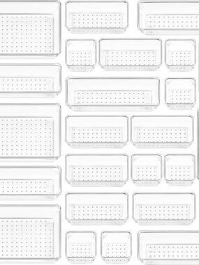 25 PCS Clear Plastic Drawer Organizers Set, 4-Size Versatile Bathroom and Vanity